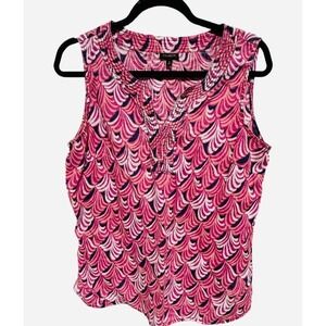 Talbots Geometric VNeck Tank Pink 100% Linen Top Preppy Size Medium